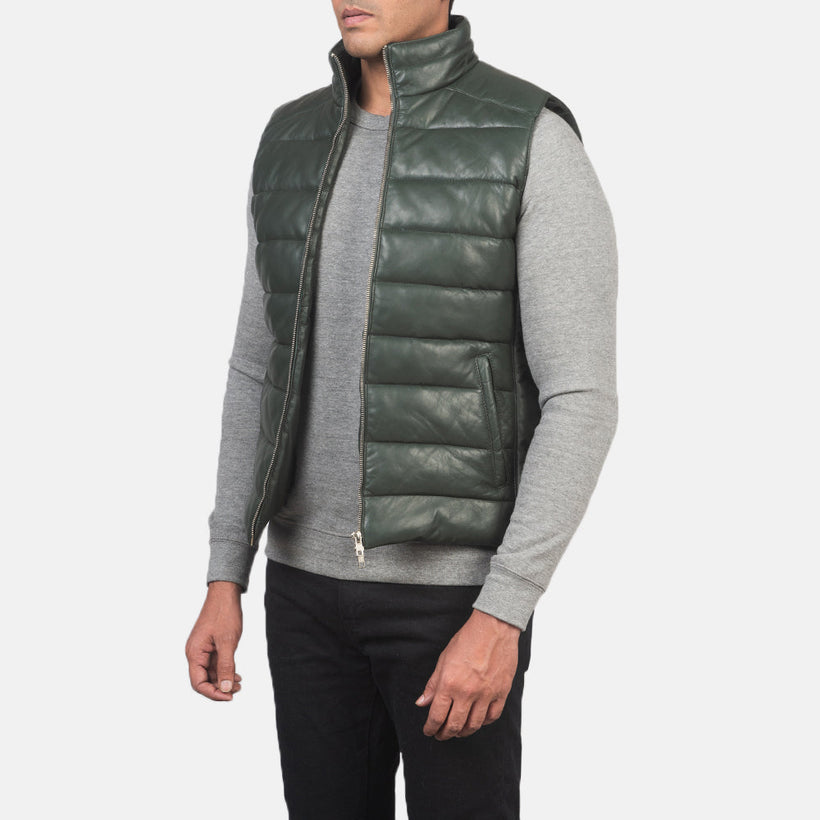 Reeves Green Leather Puffer Vest Miehille