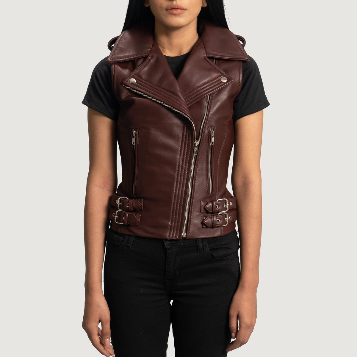 
Rhonda Kastanjanruskea Leather Biker Vest Naisille in Maroon Sheepskin Leather - Edestä ja räätälöity siluetti | Osta verkosta