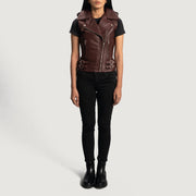 
Yksityiskohtainen lähikuva of Notch & Zipper Hardware on Rhonda Kastanjanruskea Leather Biker Vest Naisille