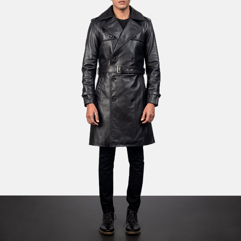 Men's Royson Musta Leather Duster Nahkatakki Pitkä Miehille in Black Cowhide Leather - Front Profile View &amp; Tailored Silhouette | Buy Online