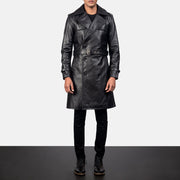 Men's Royson Musta Leather Duster Nahkatakki Pitkä Miehille in Black Cowhide Leather - Front Profile View &amp; Tailored Silhouette | Buy Online