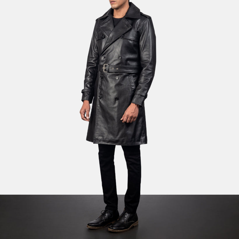 Royson Musta Leather Duster Nahkatakki pitkä Miehille