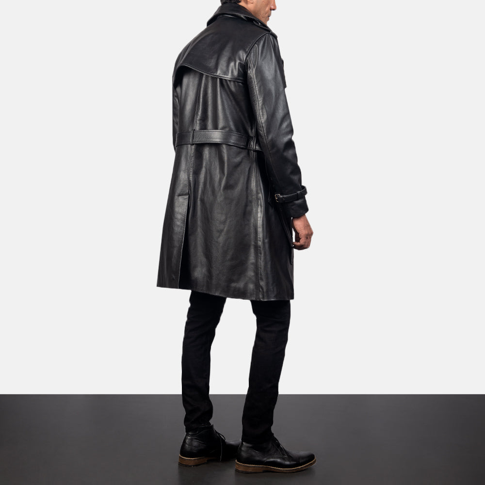 Men's Royson Musta Leather Duster Nahkatakki Pitkä Miehille - Lateral Side Profile View Showing Sleeve Cut &amp; Athletic Taper Fit