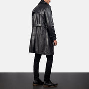 Men's Royson Musta Leather Duster Nahkatakki Pitkä Miehille - Lateral Side Profile View Showing Sleeve Cut &amp; Athletic Taper Fit