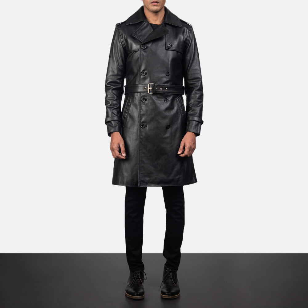 Close-Up Detail of Shirt &amp; Heavy-Duty Zipper Hardware on Men's Royson Musta Leather Duster Nahkatakki Pitkä Miehille