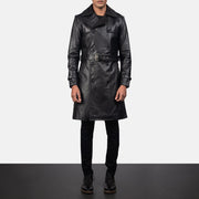 Close-Up Detail of Shirt &amp; Heavy-Duty Zipper Hardware on Men's Royson Musta Leather Duster Nahkatakki Pitkä Miehille
