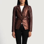 Women's Ruby Metallic Maroon Nahkainen Bleiseri Naisille in Maroon Sheepskin Leather - Front Profile View &amp; Tailored Silhouette | Buy Online