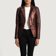 Women's Ruby Metallic Maroon Nahkainen Bleiseri Naisille - Lateral Side Profile View Showing Sleeve Cut &amp; Athletic Taper Fit