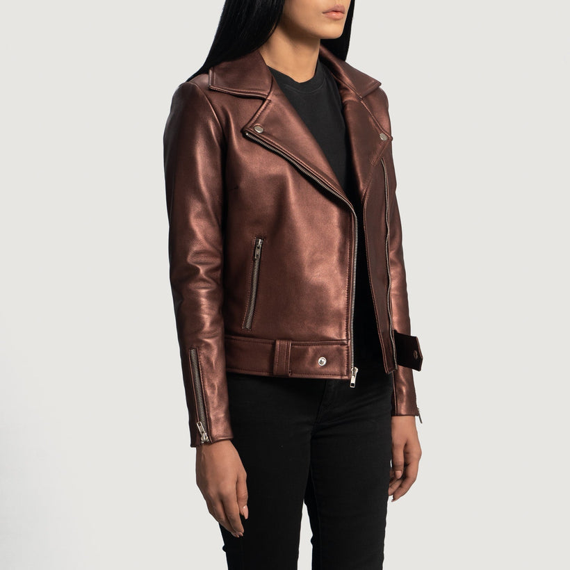 Rumy Maroon Nahkainen Biker-takki Naisille