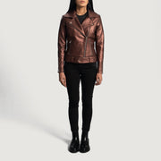 
Yksityiskohtainen lähikuva of Notch & Zipper Hardware on Rumy Maroon Leather Biker Jacket