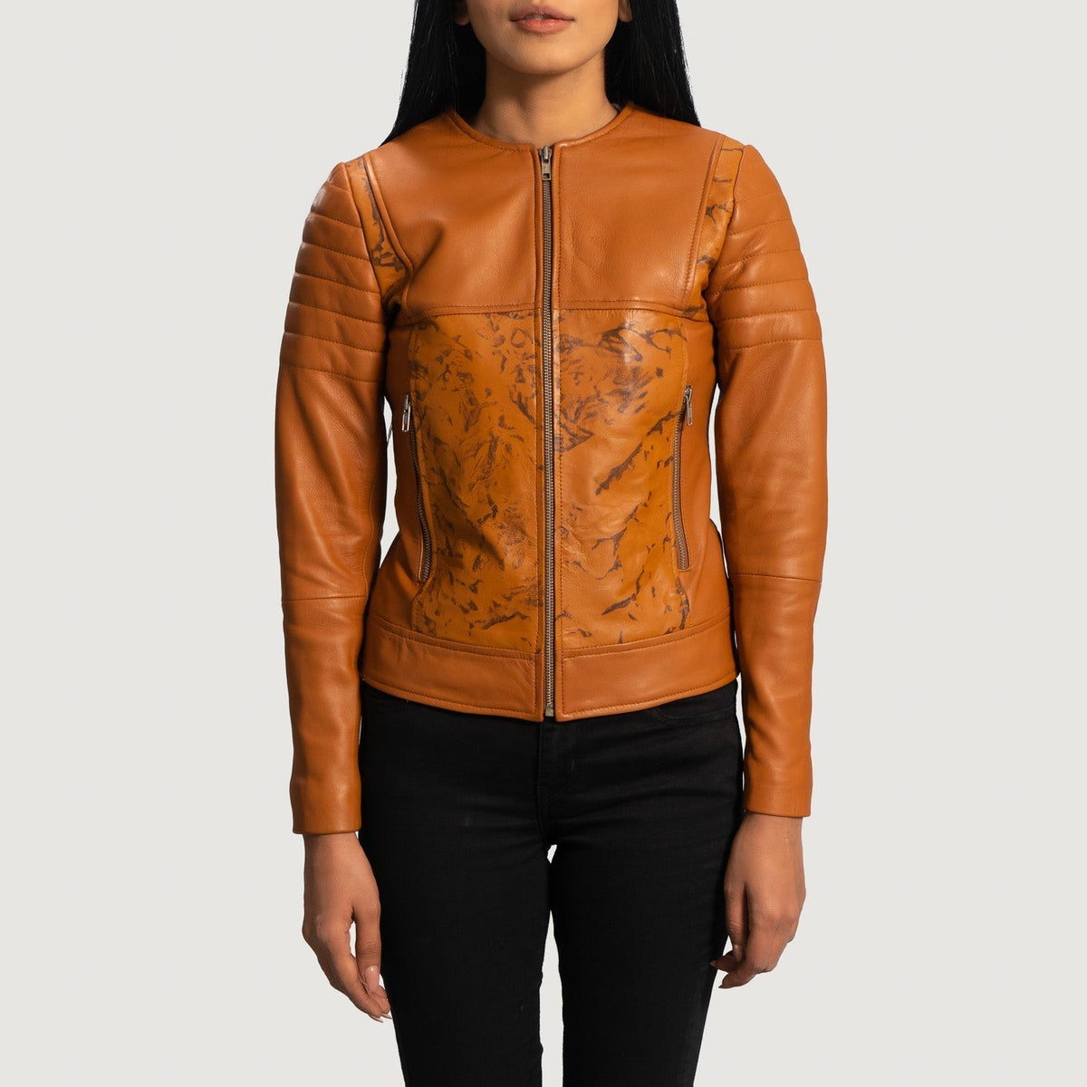 Women's Sandy Vaaleanruskea Dye Nahkainen Biker-takki Naisille in Tan Brown Sheepskin Dip &amp;Amp; Dye - Front Profile View &amp; Tailored Silhouette | Buy Online