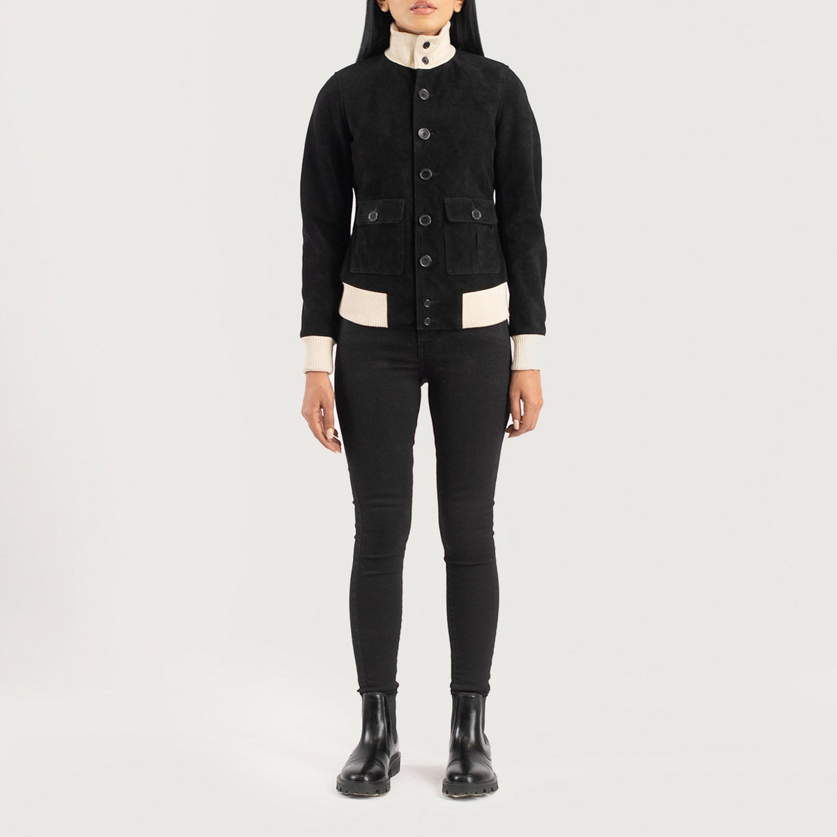 
Sasha A1 Black Suede Bomber Jacket - Sivuprofiili ergonomisella hihanleikkauksella