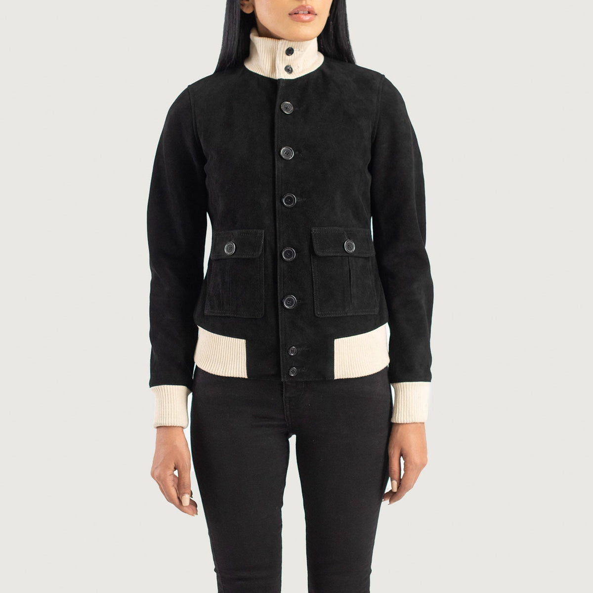 
Yksityiskohtainen lähikuva of Knit Rib & Buttons Hardware on Sasha A1 Black Suede Bomber Jacket