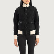 
Yksityiskohtainen lähikuva of Knit Rib & Buttons Hardware on Sasha A1 Black Suede Bomber Jacket