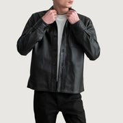 Scout Musta Leather Shirt Miehille in Black Sheepskin Leather - Front Profile View &amp; Tailored Silhouette | Buy Online