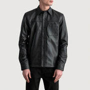 Scout Musta Leather Shirt Miehille - Lateral Side Profile View Showing Sleeve Cut &amp; Athletic Taper Fit