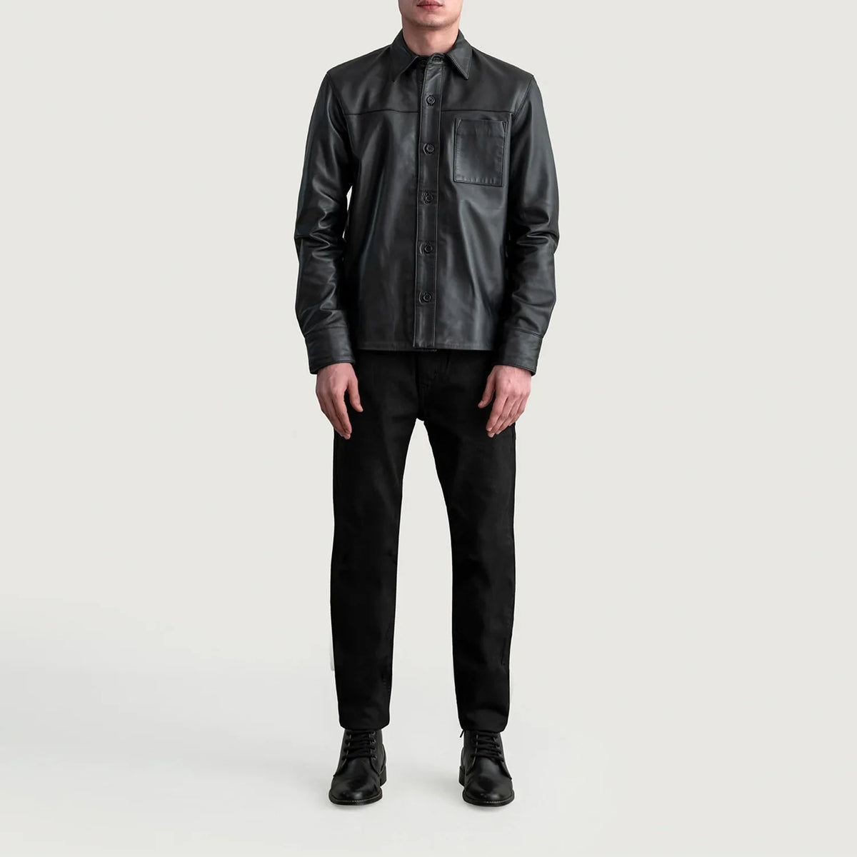 Close-Up Detail of Shirt &amp; Buttons Hardware on Scout Musta Leather Shirt Miehille