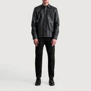 Close-Up Detail of Shirt &amp; Buttons Hardware on Scout Musta Leather Shirt Miehille