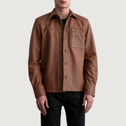 Scout Matte Ruskea Leather Shirt Miehille in Matte Brown Cowhide Leather - Front Profile View &amp; Tailored Silhouette | Buy Online
