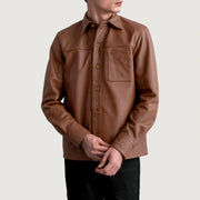 Scout Matte Ruskea Leather Shirt Miehille - Lateral Side Profile View Showing Sleeve Cut &amp; Athletic Taper Fit