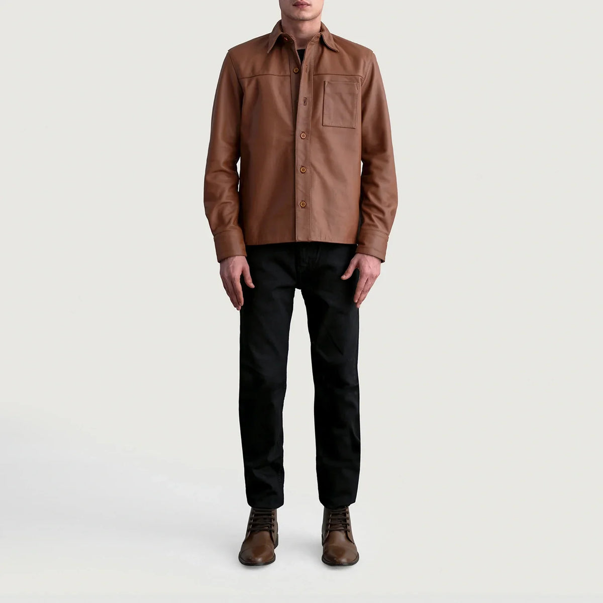 Close-Up Detail of Shirt &amp; Buttons Hardware on Scout Matte Ruskea Leather Shirt Miehille