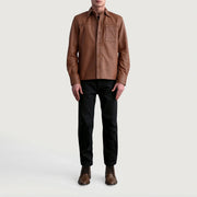 Close-Up Detail of Shirt &amp; Buttons Hardware on Scout Matte Ruskea Leather Shirt Miehille