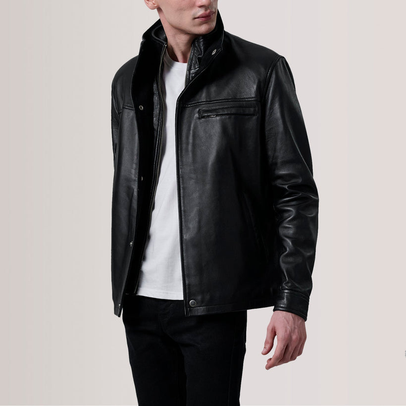 Sean Black Leather Classic Jacket For Men in Black Sheepskin Leather - Front Profile View & Tailored Silhouette | Buy Online