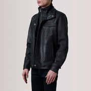 Sean Musta Snuffed Classic Nahkatakki Miehille For Men - Lateral Side Profile View Showing Sleeve Cut &amp; Athletic Taper Fit