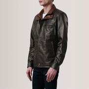 Sean Ruskea Leather Classic Nahkatakki Miehille For Men - Lateral Side Profile View Showing Sleeve Cut &amp; Athletic Taper Fit