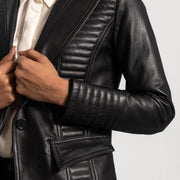 Women's Selina Musta Nahkainen Bleiseri Naisille - Lateral Side Profile View Showing Sleeve Cut &amp; Athletic Taper Fit