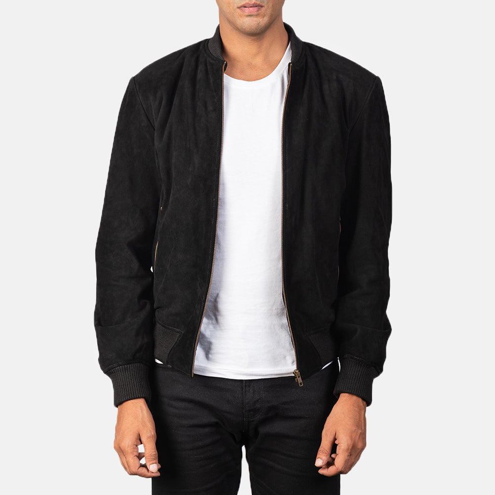 Men's Shane Musta Suede Nahkainen Pommitakki Miehille in Black Goatskin Suede - Front Profile View &amp; Tailored Silhouette | Buy Online