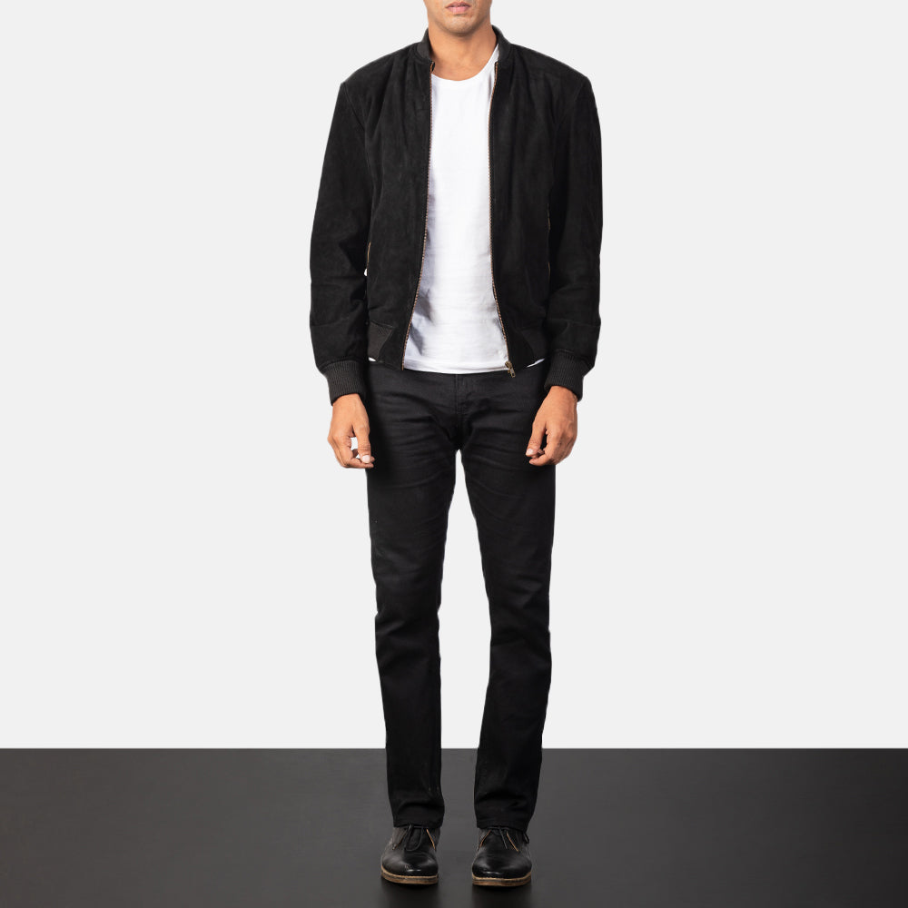 Men's Shane Musta Suede Nahkainen Pommitakki Miehille - Lateral Side Profile View Showing Sleeve Cut &amp; Athletic Taper Fit