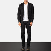 Men's Shane Musta Suede Nahkainen Pommitakki Miehille - Lateral Side Profile View Showing Sleeve Cut &amp; Athletic Taper Fit