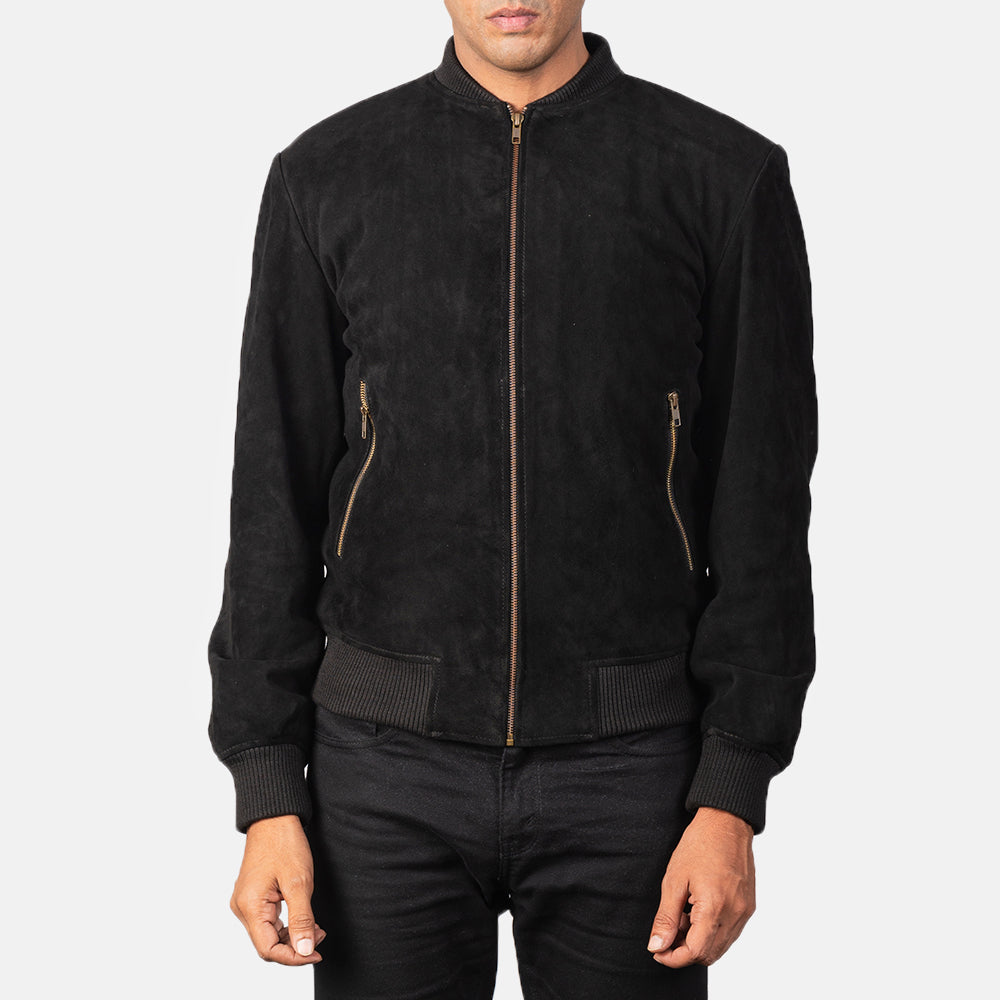 Close-Up Detail of Varsity &amp; Zipper Hardware on Men's Shane Musta Suede Nahkainen Pommitakki Miehille