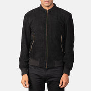 Close-Up Detail of Varsity &amp; Zipper Hardware on Men's Shane Musta Suede Nahkainen Pommitakki Miehille