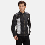Shapron Studded Nahkainen Biker-takki Miehille in Black Sheepskin Leather - Front Profile View &amp; Tailored Silhouette | Buy Online