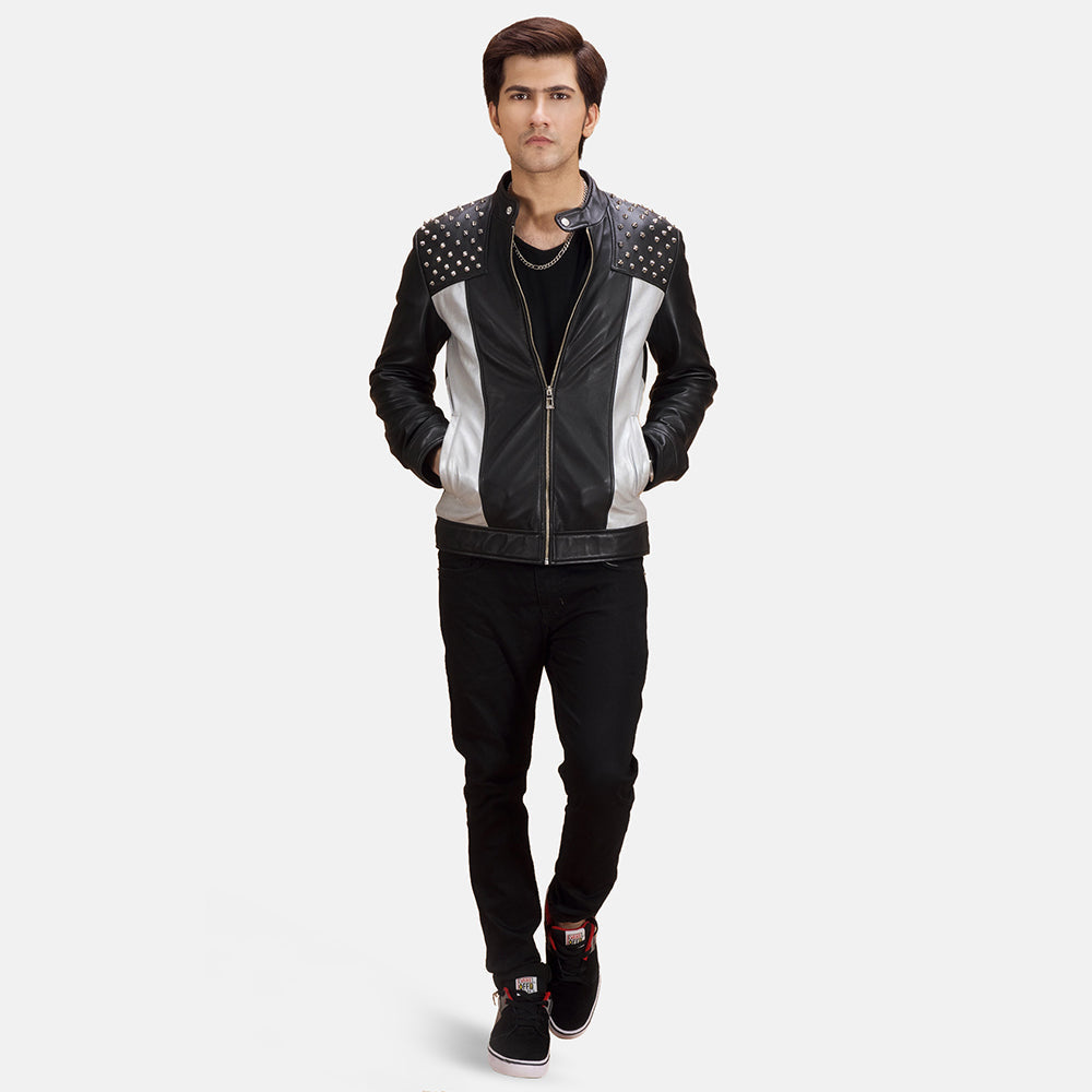 Shapron Studded Nahkainen Biker-takki Miehille - Lateral Side Profile View Showing Sleeve Cut &amp; Athletic Taper Fit