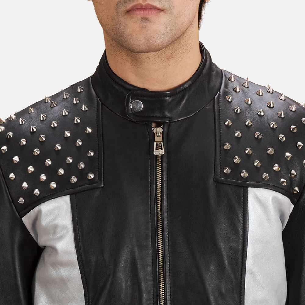 Close-Up Detail of Band with snap button &amp; Zipper Hardware on Shapron Studded Nahkainen Biker-takki Miehille