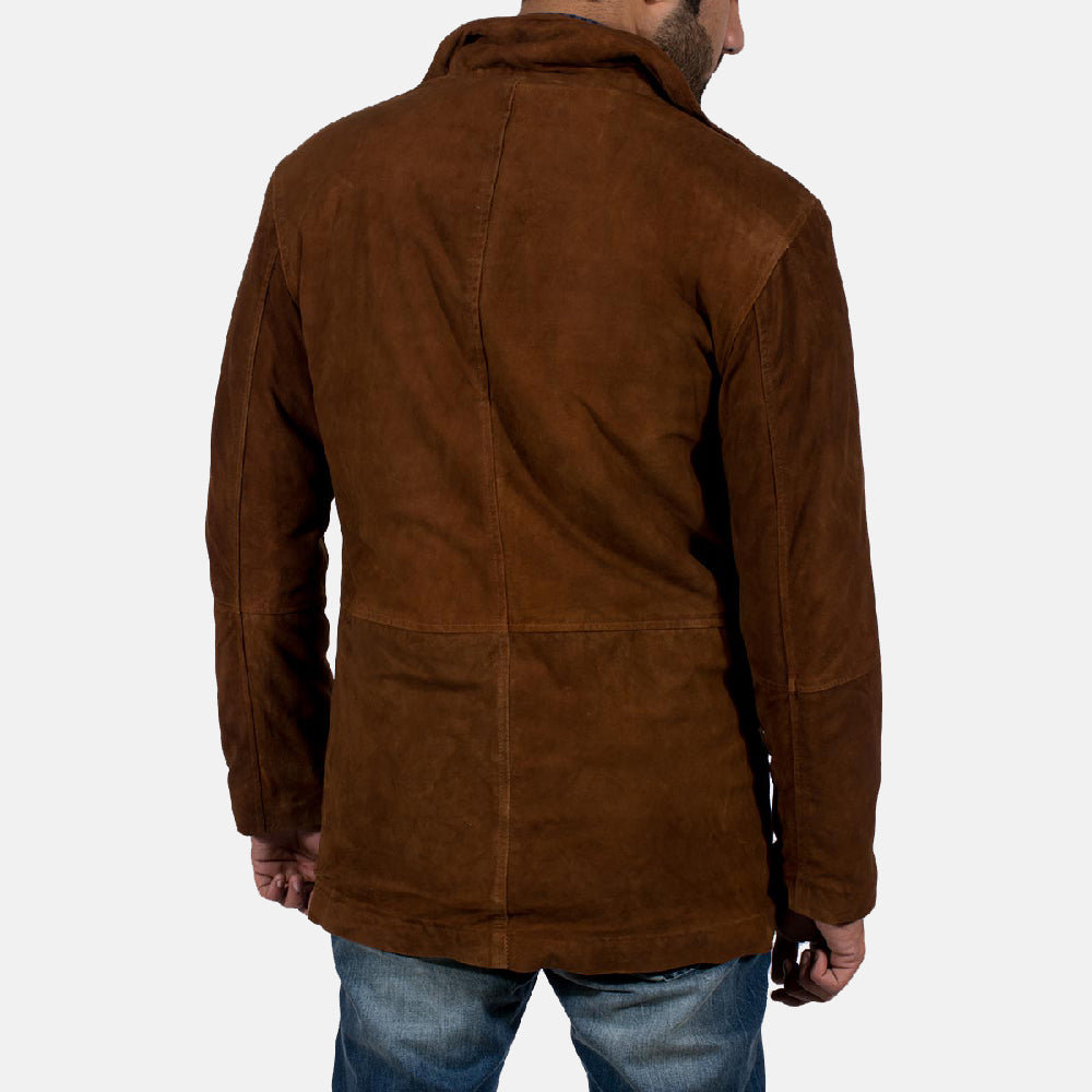 Close-Up Detail of High neck &amp; Zipper with Button Flap Hardware on Men's Sheriff Ruskea Mokkanahkatakki Miehille