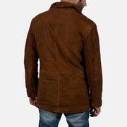 Close-Up Detail of High neck &amp; Zipper with Button Flap Hardware on Men's Sheriff Ruskea Mokkanahkatakki Miehille