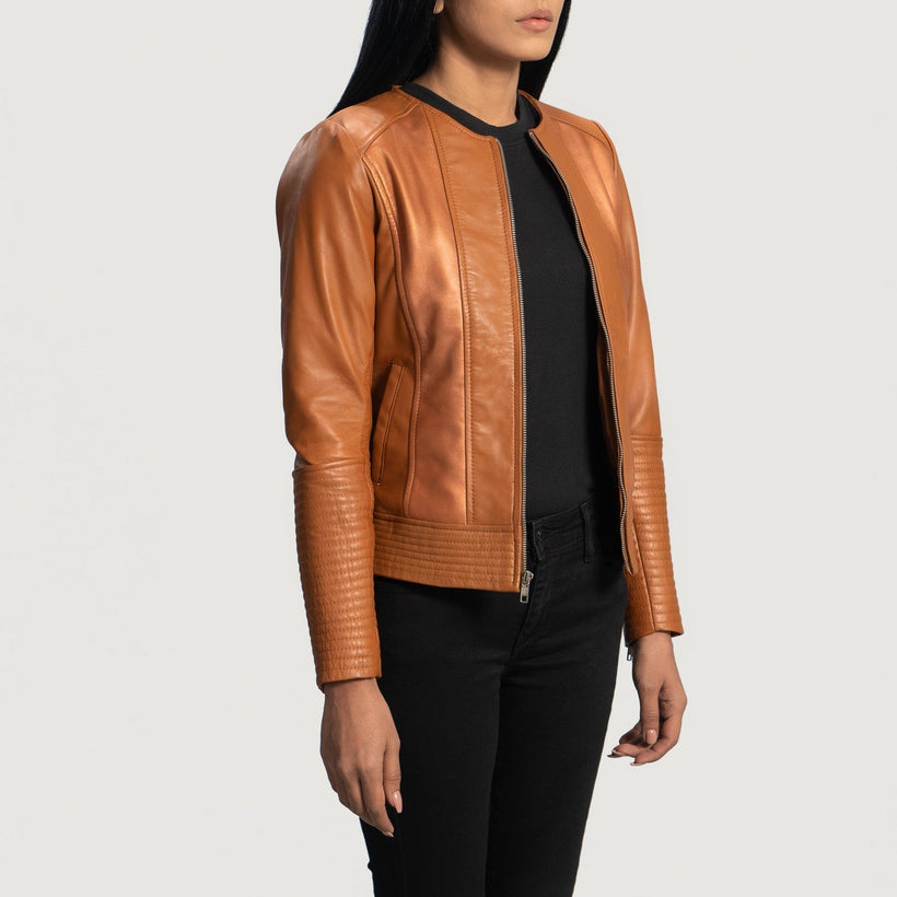 Sleeky Clean Vaaleanruskea Nahkainen Biker-takki Naisille