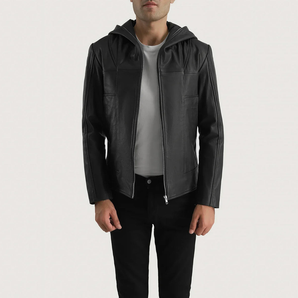 Men's Spratt Musta Hooded Nahkatakki Miehille in Black Goatskin Leather - Front Profile View &amp; Tailored Silhouette | Buy Online