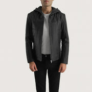 Men's Spratt Musta Hooded Nahkatakki Miehille in Black Goatskin Leather - Front Profile View &amp; Tailored Silhouette | Buy Online