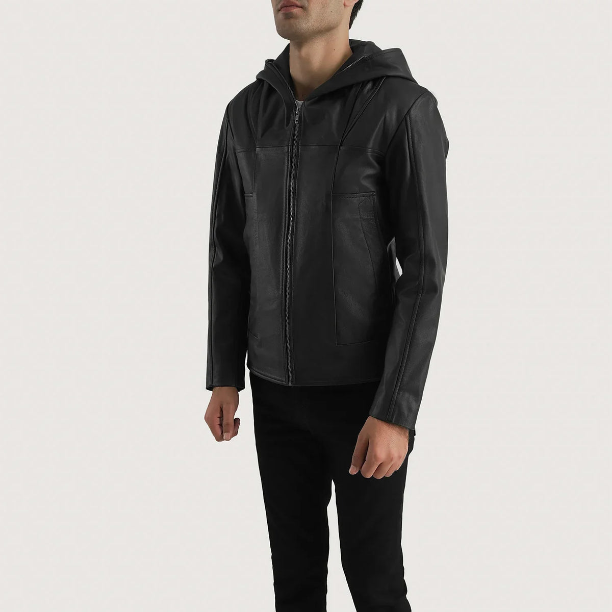 Men's Spratt Musta Hooded Nahkatakki Miehille - Lateral Side Profile View Showing Sleeve Cut &amp; Athletic Taper Fit