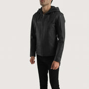 Men's Spratt Musta Hooded Nahkatakki Miehille - Lateral Side Profile View Showing Sleeve Cut &amp; Athletic Taper Fit