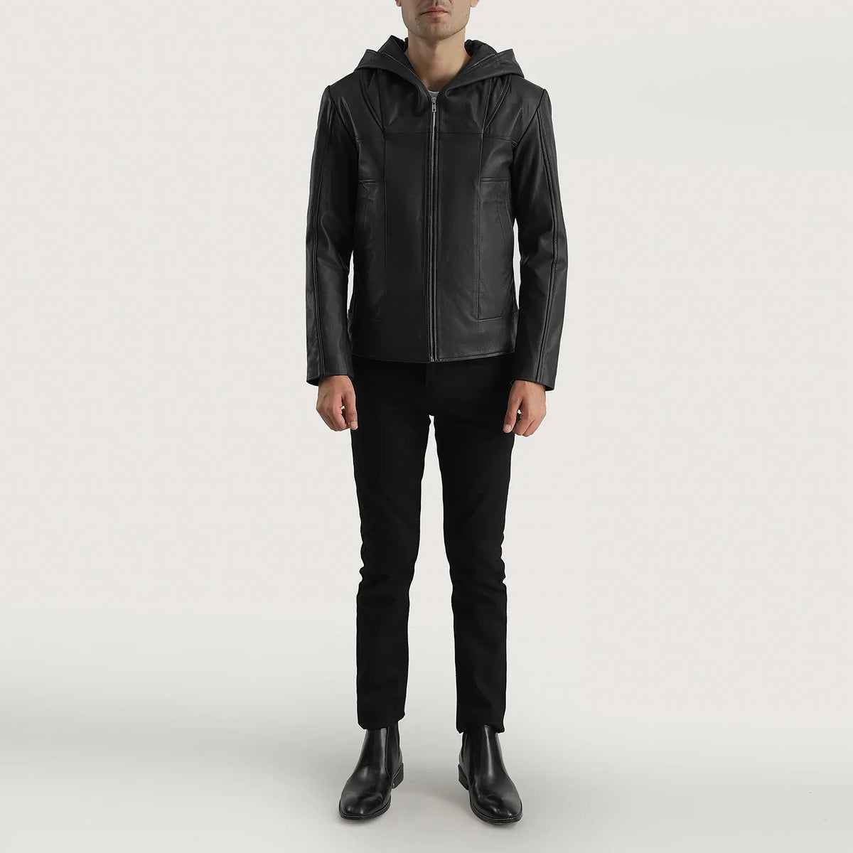 Close-Up Detail of Hooded &amp; Zipper Hardware on Men's Spratt Musta Hooded Nahkatakki Miehille