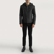 Close-Up Detail of Hooded &amp; Zipper Hardware on Men's Spratt Musta Hooded Nahkatakki Miehille
