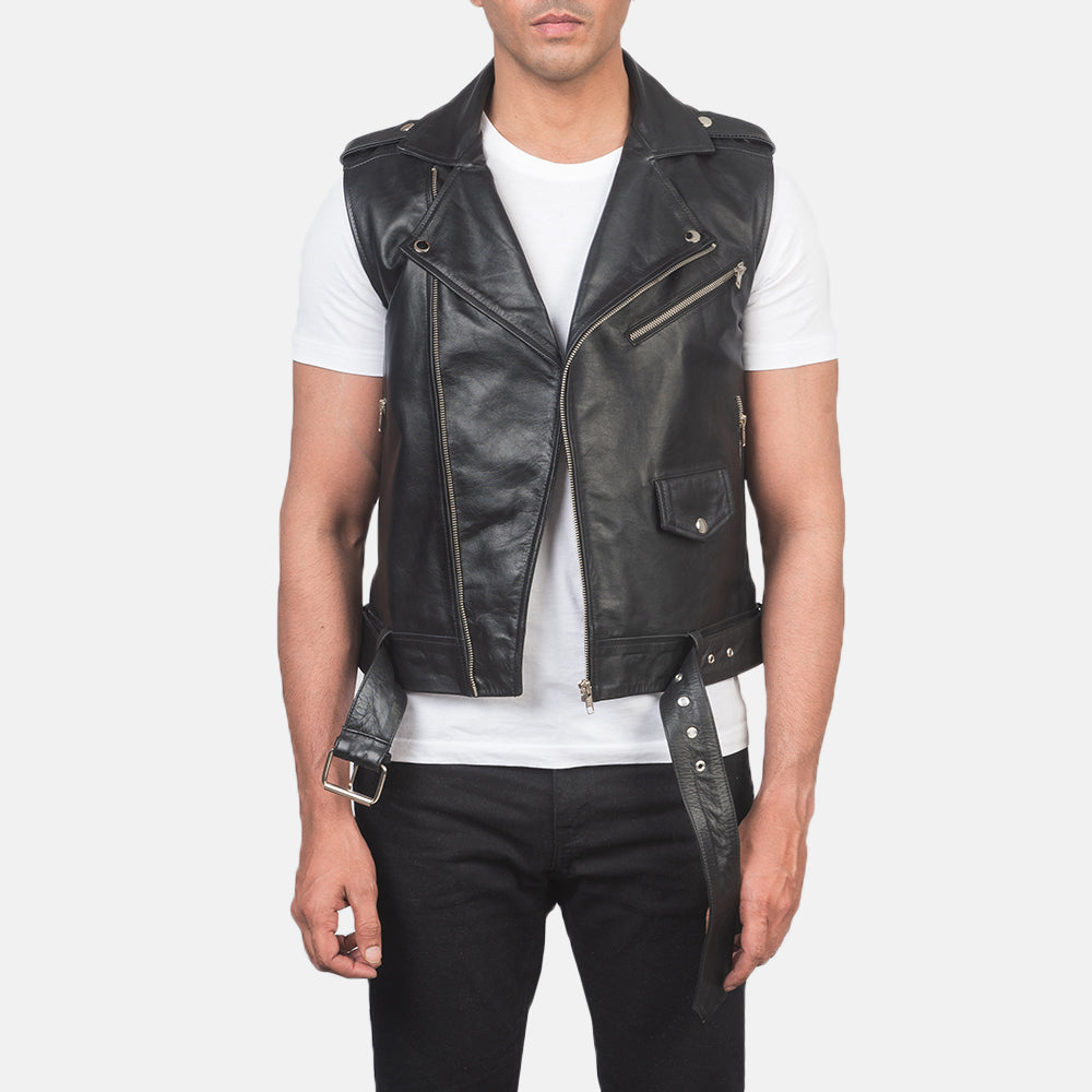 Men's Sullivan Musta Leather Biker Vest Miehille in Black Cowhide Leather - Front Profile View &amp; Tailored Silhouette | Buy Online