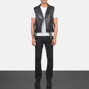 Men's Sullivan Musta Leather Biker Vest Miehille - Lateral Side Profile View Showing Sleeve Cut &amp; Athletic Taper Fit