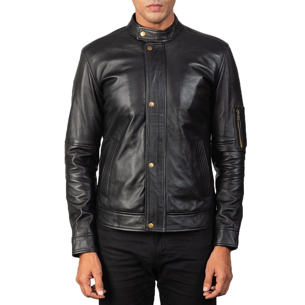 Men's Tea House Musta Nahkainen Biker-takki Miehille - Lateral Side Profile View Showing Sleeve Cut &amp; Athletic Taper Fit